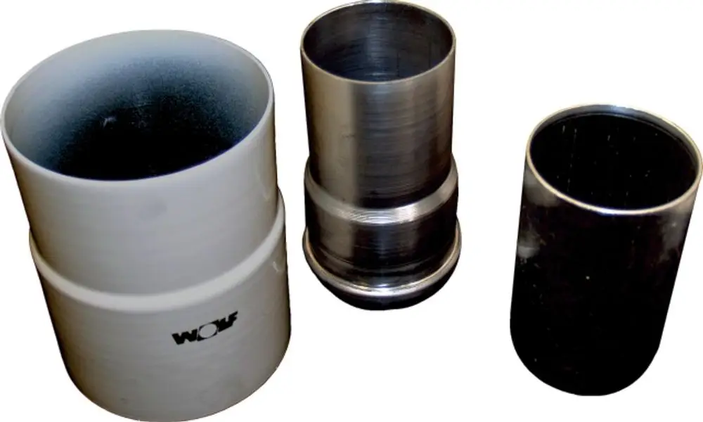Drei verschiedene Adapter mit unterschiedlichen Durchmessern, aus Kunststoff und Metall, mit einer erkennbaren Marke "Wolf" auf der Seite des weißen Adapters.